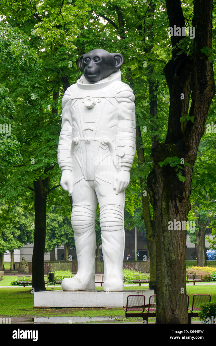 monument of monkeycosmonaut Kronvalda park, Riga, Latvia Stock Photo