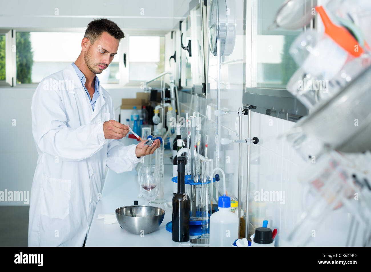 Attentive man testing wine qualities in manufactory chemical laboratory