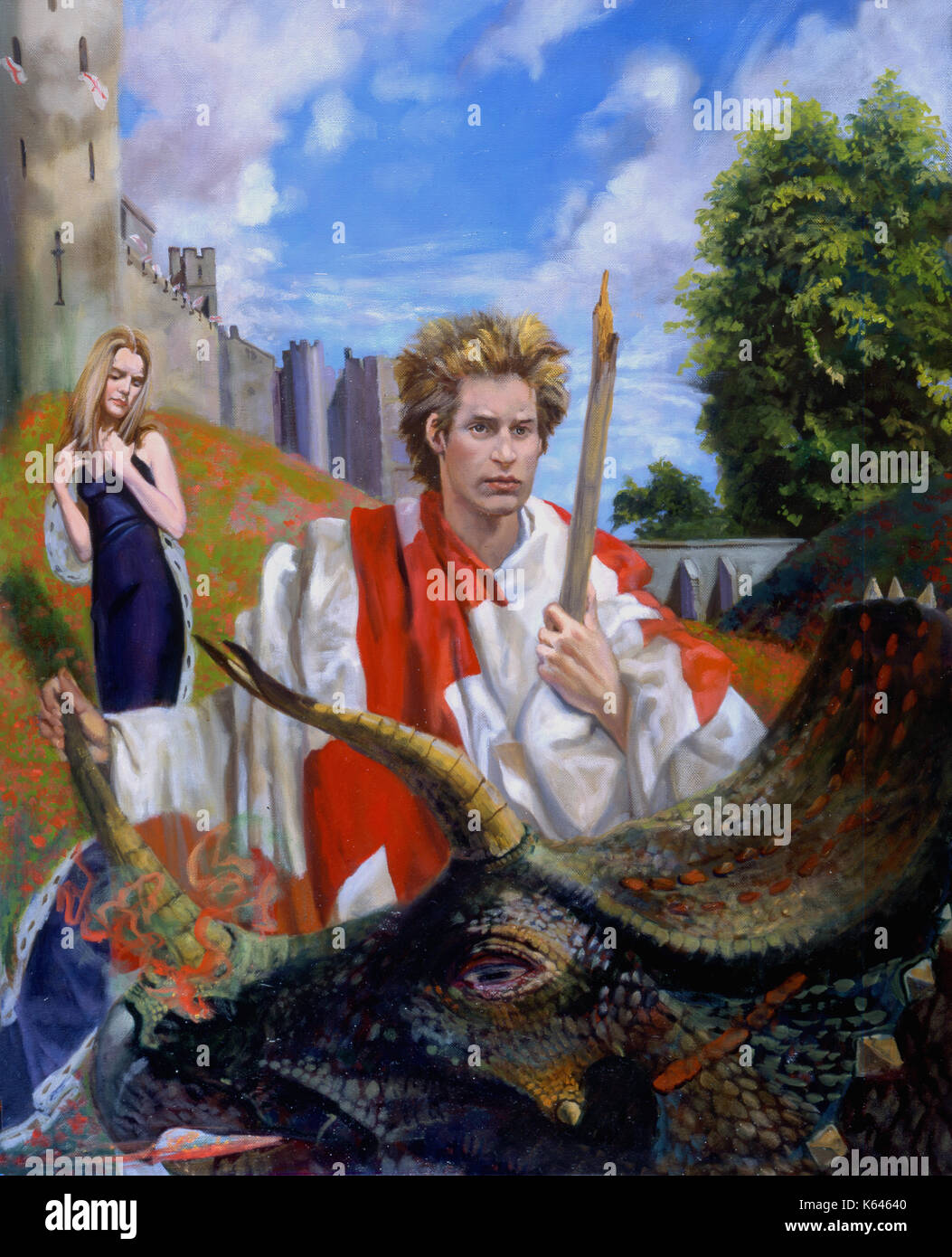 SAINT GEORGE, THE LADY AND THE DRAGON-oil on linen, 2006, Dimensions: 127x102 Allegory of Prince William, as England's patron saint, swathed in the Flag of St. George standing in front of Arundel Castle holding a broken lance. In the foreground the head of the dragon, a Anchiceratops dinosaur, nostrils flaming. The lady standing behind St George, slightly resembles the Duchess of Cambridge. The fields are covered with poppies. Stock Photo