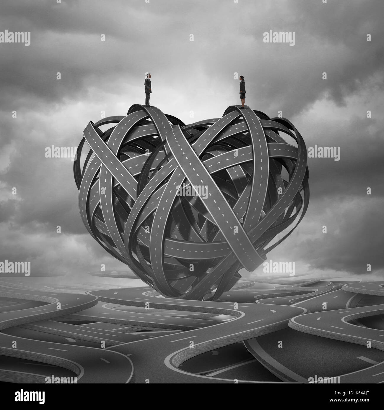 Find Love and a complicated romantic relationship concept as a man and woman on a group of road paths shaped as a heart as a dating or marriage. Stock Photo