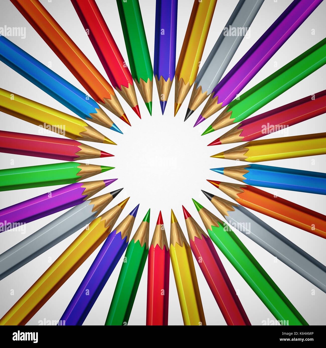 Arts and crafts central design with color pencils as a creative abstract circular graphic with center blank area as a 3D illustration. Stock Photo