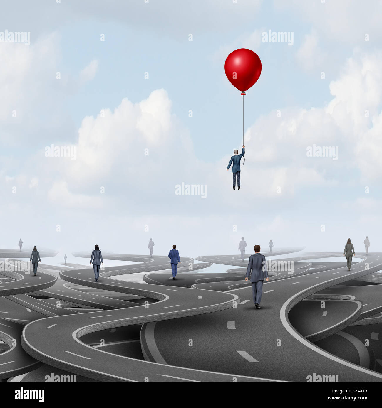 Concept of business leadership as people on a road walking on pathways as a symbol for new strategic thinking with 3D illustration elements. Stock Photo