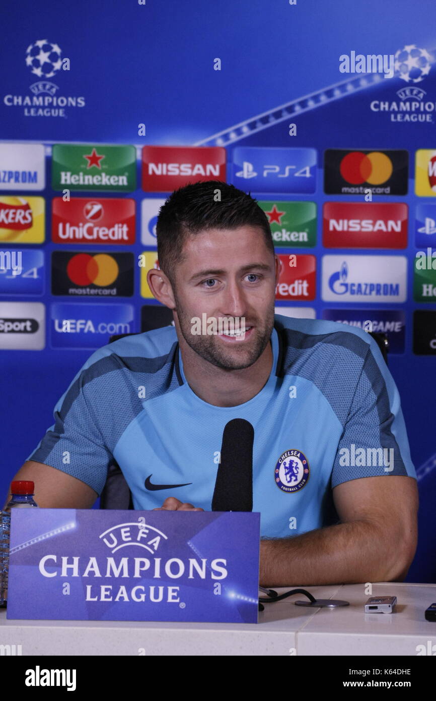 Cobham, UK. 11th Sep, 2017. Gary Cahill, Captain, Chelsea Football Club previews the Champions League game against Qarabag FK on Match Day one tomorrow. Credit: Motofoto/Alamy Live News Stock Photo