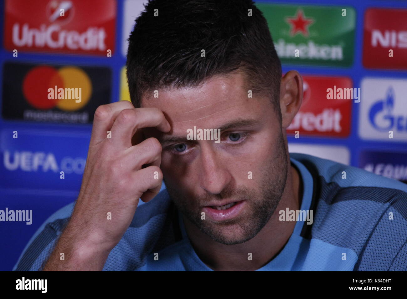 Cobham, UK. 11th Sep, 2017. Gary Cahill, Captain, Chelsea Football Club previews the Champions League game against Qarabag FK on Match Day one tomorrow. Credit: Motofoto/Alamy Live News Stock Photo