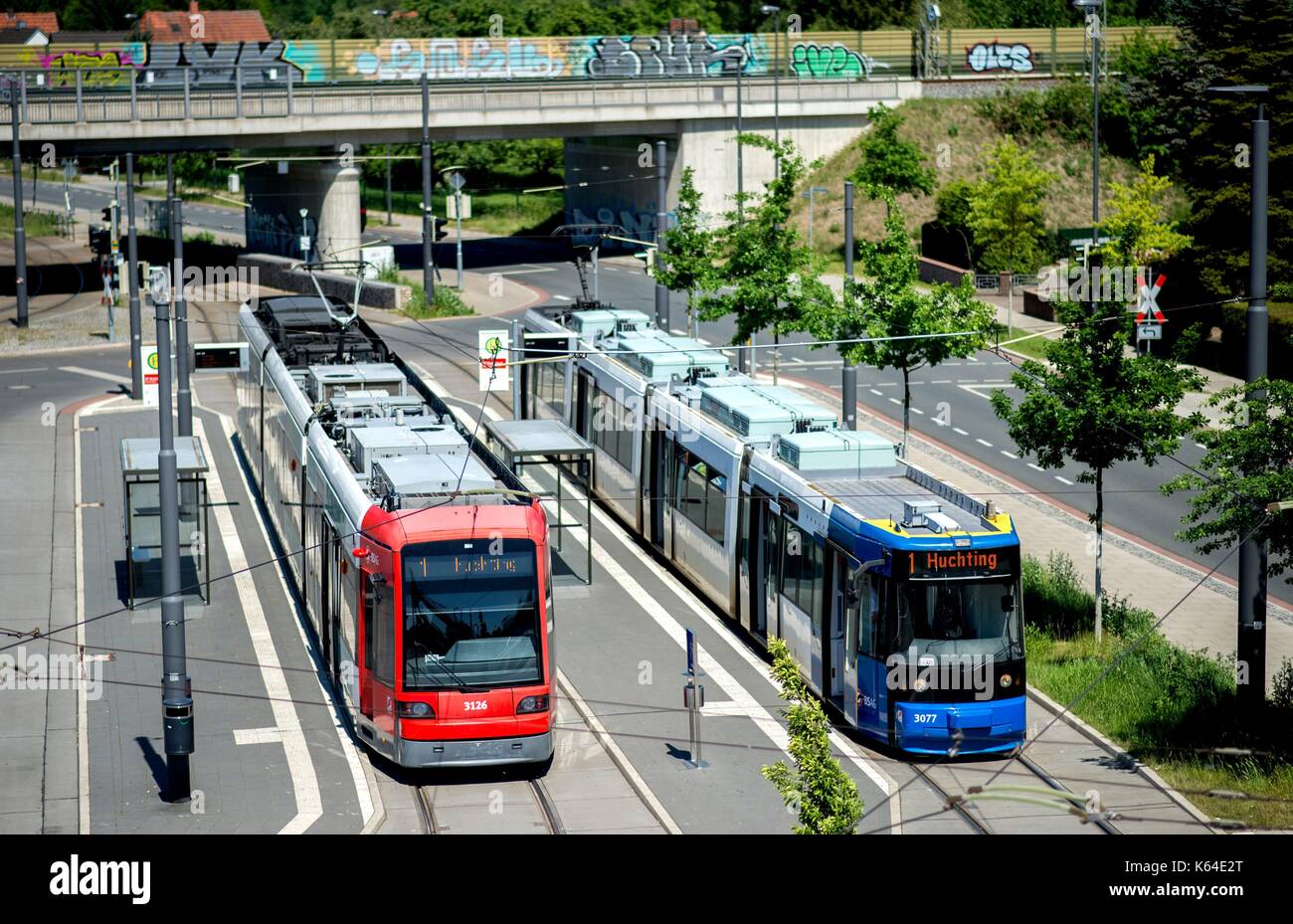 Bremen, Germany. 27th May, 2017. Trams of the transportation company Bremer Straßenbahn AG (BSAG) at the train station in Bremen-Mahndorf (Germany), 27 May 2017. | usage worldwide Credit: dpa/Alamy Live News Stock Photo