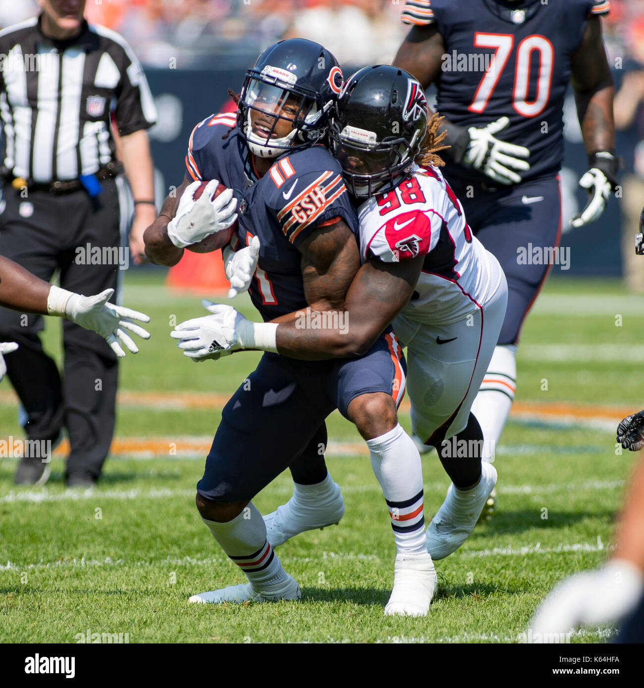 Chicago, Illinois, USA. 10th Sep, 2017. - Chicago Bears #11 Kevin White gets tackled from behind by Atlanta Falcons #98 Takkarist McKinley resulting in White's broken left collarbone during the NFL Game between the Atlanta Falcons and Chicago Bears at Soldier Field in Chicago, IL. Credit: csm/Alamy Live News Stock Photo