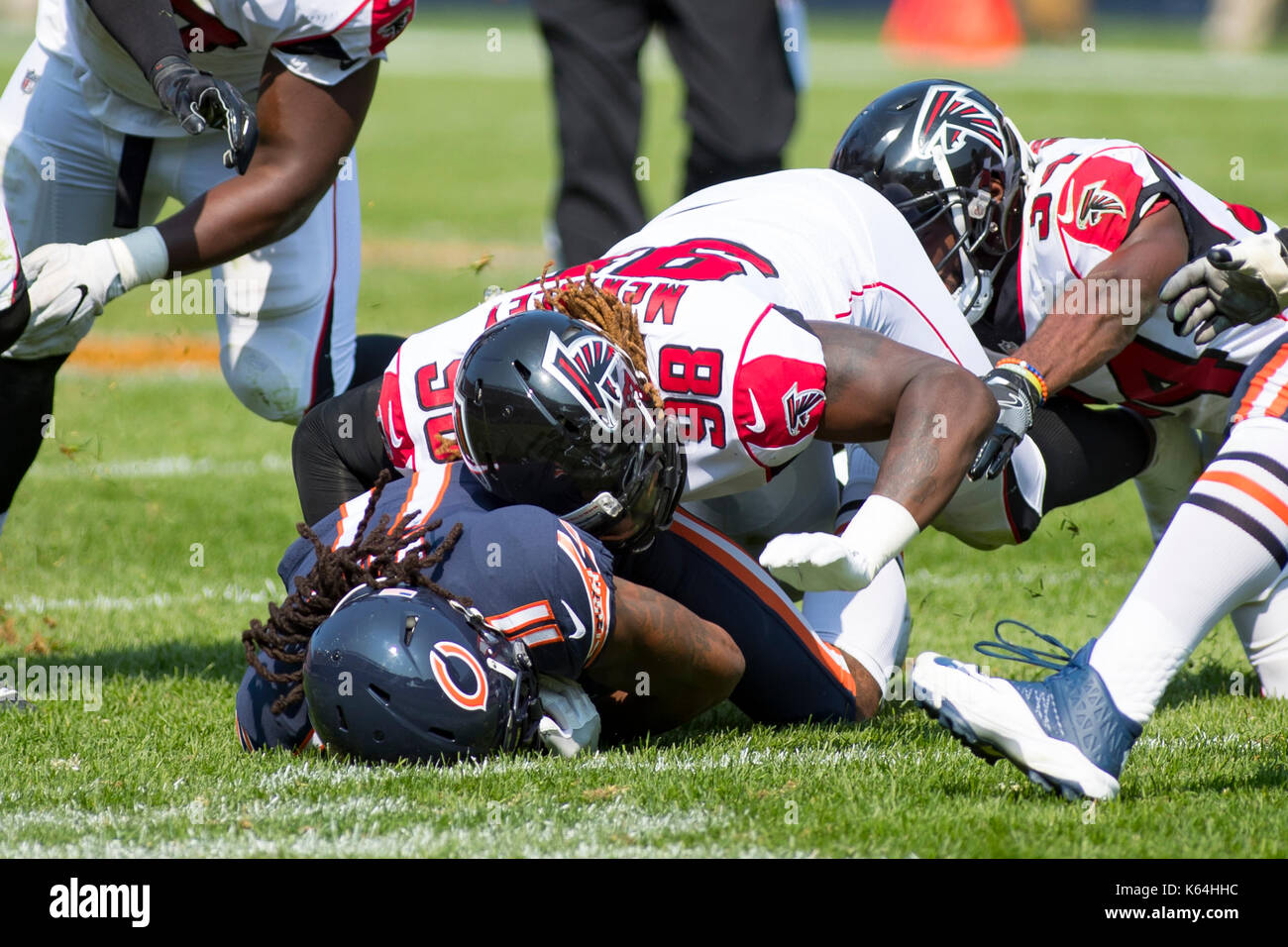 Chicago, Illinois, USA. 10th Sep, 2017. - Chicago Bears #11 Kevin White gets driven into the ground by Atlanta Falcons #98 Takkarist McKinley resulting in White's broken left collarbone during the NFL Game between the Atlanta Falcons and Chicago Bears at Soldier Field in Chicago, IL. Credit: csm/Alamy Live News Stock Photo
