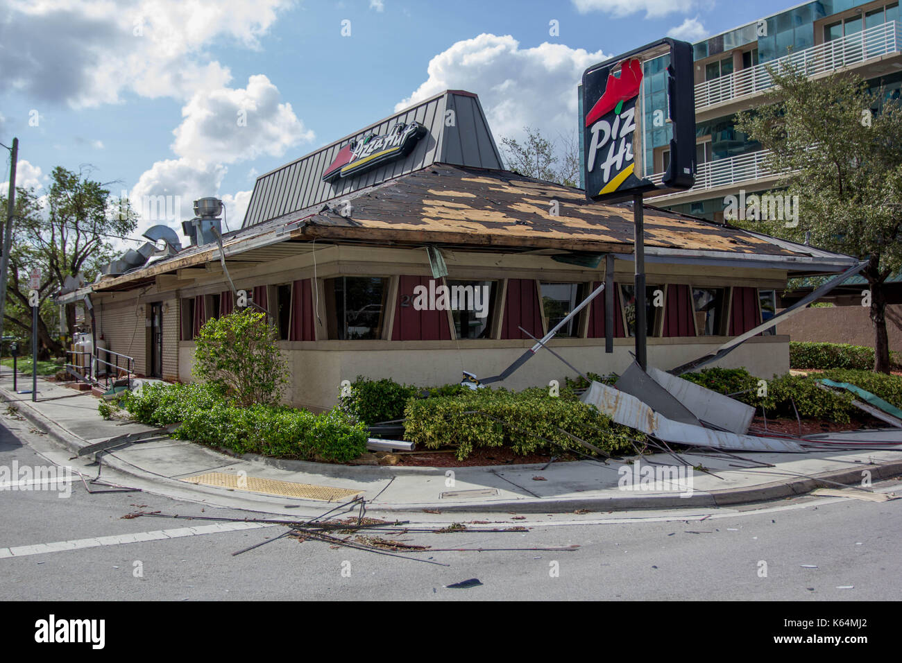Miami, Florida, USA. 11th Sep, 2017. A Pizza Hut restaurant heavily damaged by Hurricane Irma is seen in Miami, Florida, Monday, September 11, 2017. Credit: Michael Candelori/Alamy Live News Stock Photo