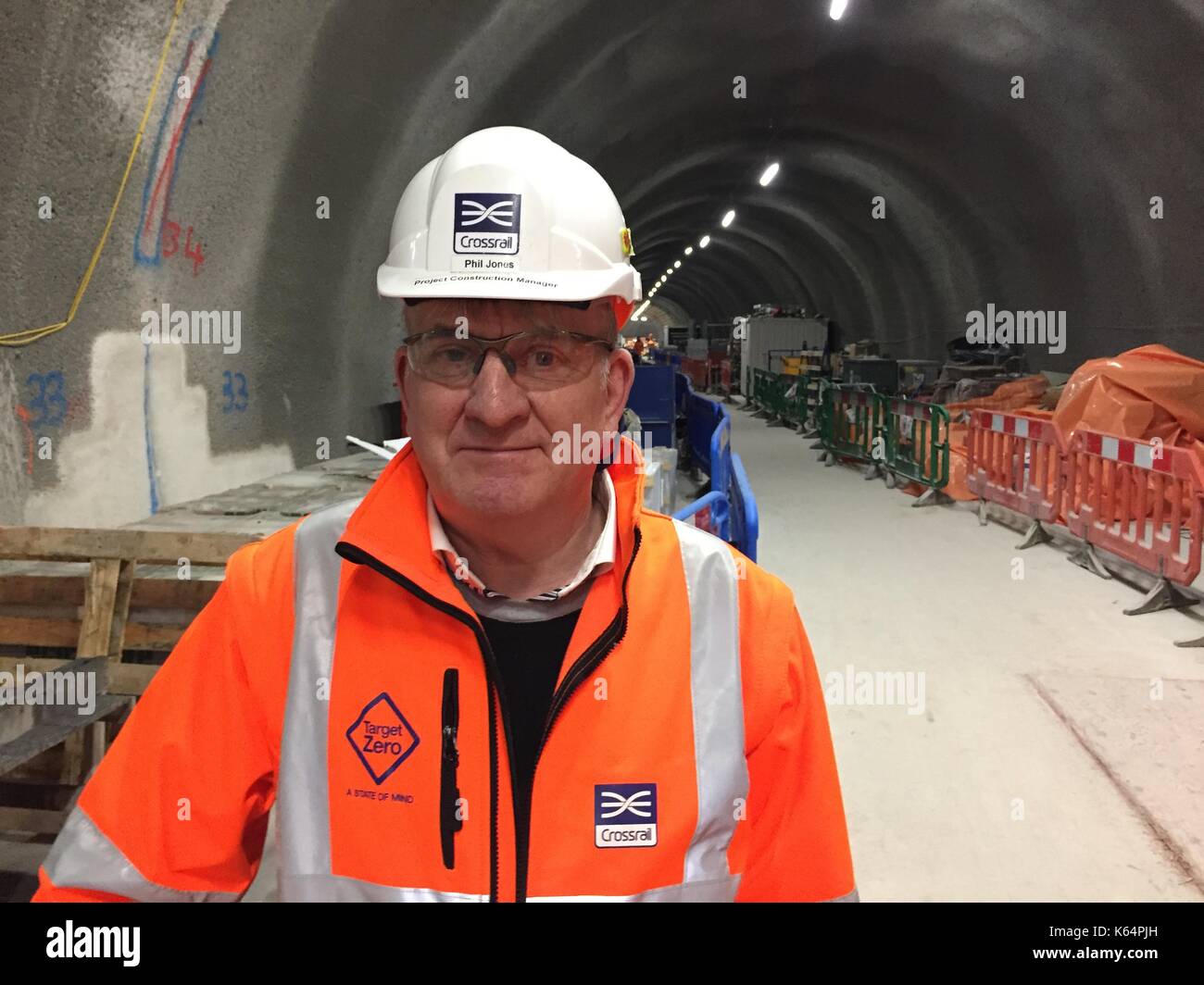 London, UK. 15th Feb, 2017. Head of constructions Phil Jones stands before the escalators of the new metro station in London, England, 15 February 2017.Tottenham Court Road Photo: Philip Dethlefs/dpa/Alamy Live News Stock Photo