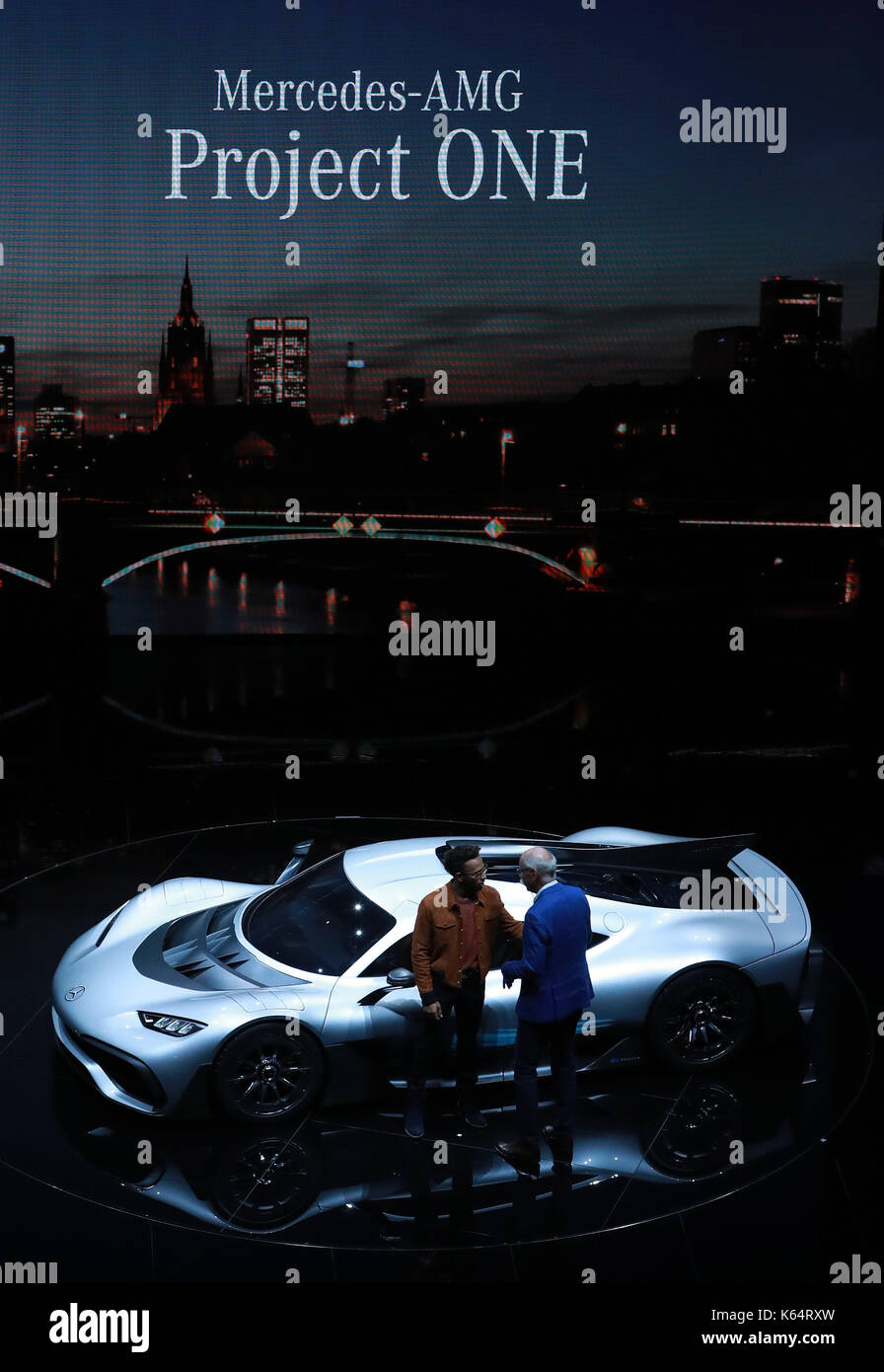 Frankfurt, Germany. 11th Sep, 2017. Dieter Zetsche (R), chairman of German car maker Daimler AG and head of Mercedes-Benz cars, and Mercedes' British driver Lewis Hamilton pose in front of a Mercedes AMG Project One car during a preview night for the media on the eve of the opening of the Internationale Automobil Ausstellung (IAA) motor show in Frankfurt am Main, west Germany, on Sept. 11, 2017. Credit: Luo Huanhuan/Xinhua/Alamy Live News Stock Photo