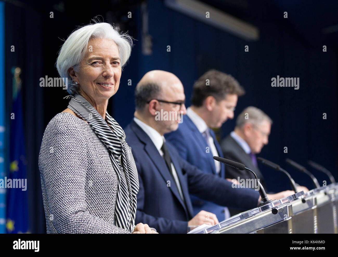 Brussels, Belgium, on 2015/02/20: Christine Lagarde, Managing Director of the IMF, attending a meeting of the Eurogroup Stock Photo