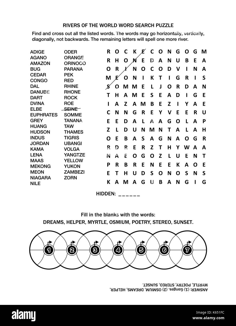 Puzzle page with two word games (English language). Rivers of the world word search puzzle and fill the wheels. Black and white. Stock Vector
