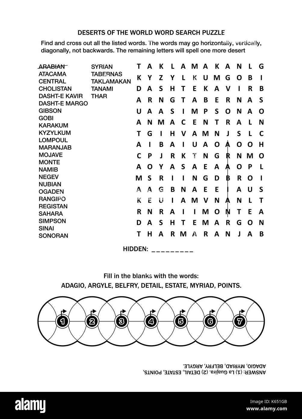 Puzzle page with two word games (English language). Deserts of the world word search puzzle and fill the wheels. Black and white, A4 or letter sized. Stock Vector