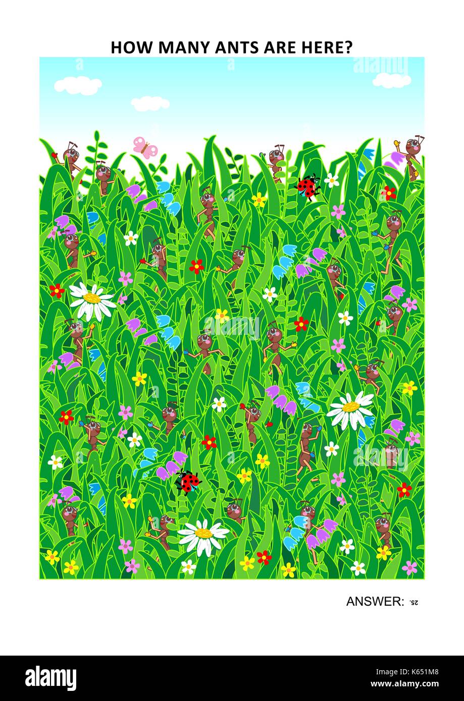 Page sized visual math puzzle to learn counting with fun: How many ants are here? Answer included. Stock Vector