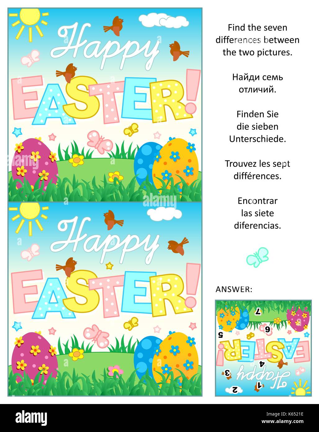Picture puzzle: Find the seven differences between the two Easter greeting cards. Answer included. Stock Vector