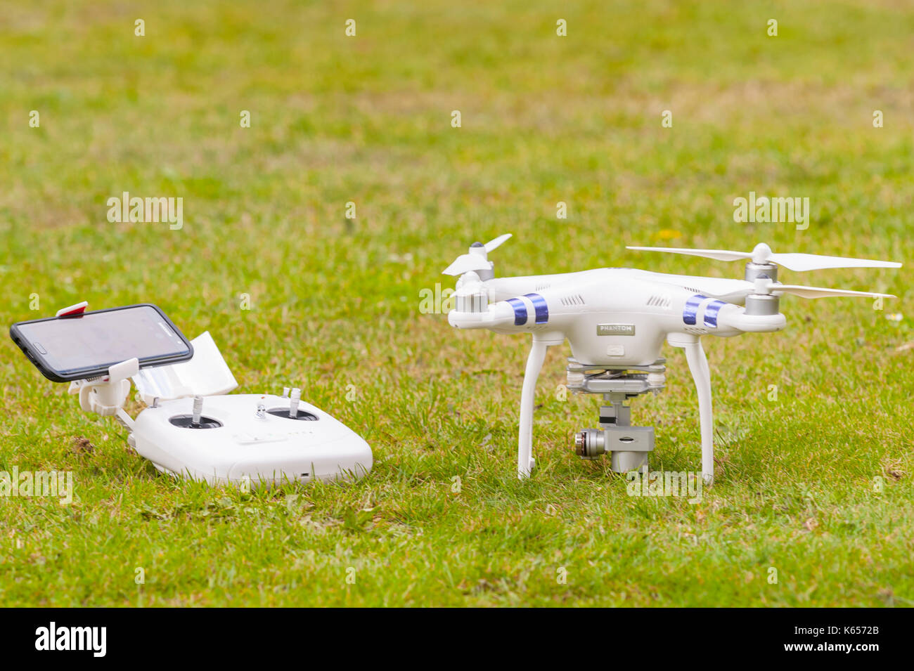 A Phantom drone with controller Stock Photo