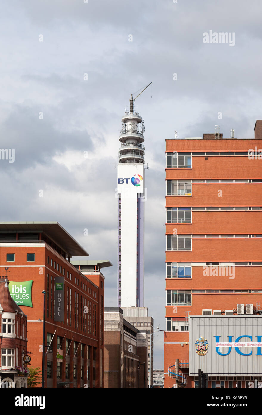 BT Tower in the centre of the city of Birmingham, West Midlands, UK. Stock Photo