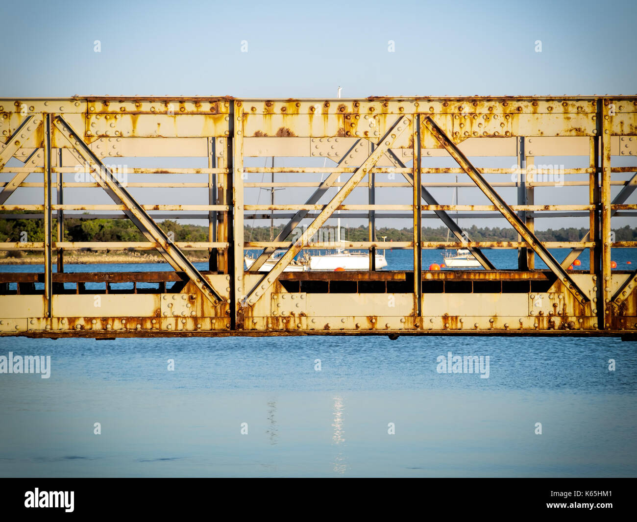 Old iron bridge between to islands, Cres and Losinj, Croatia. Stock Photo