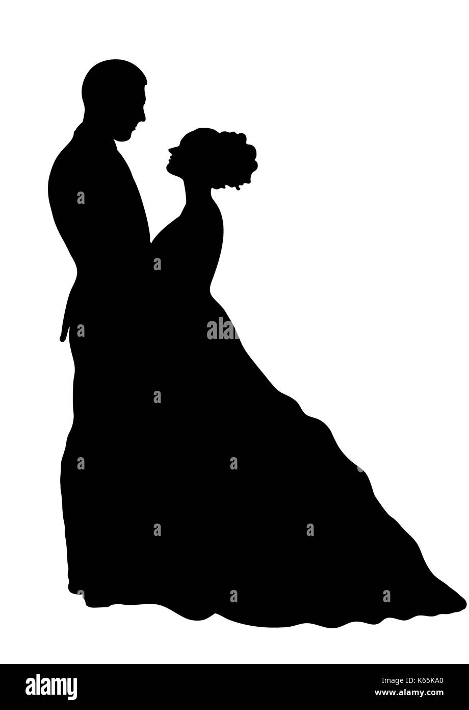 Bride and groom silhouette, vector icon, contour drawing, black and white illustration. Couple in love hugging looking at each other, dressed in a wed Stock Vector