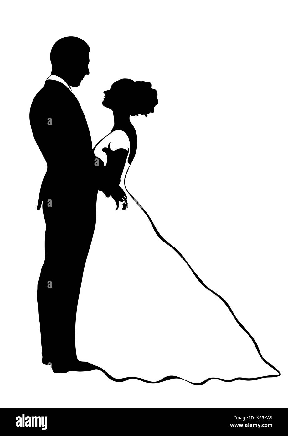 Bride and groom silhouette, vector icon, contour drawing, black and white illustration. Couple in love hugging looking at each other, dressed in a wed Stock Vector