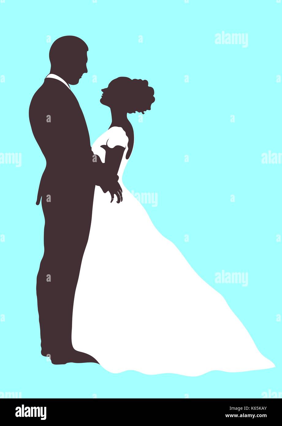 Bride and groom silhouette, vector icon, outline cartoon contour drawing. Couple in love hugging looking at each other, dressed in a wedding white dre Stock Vector