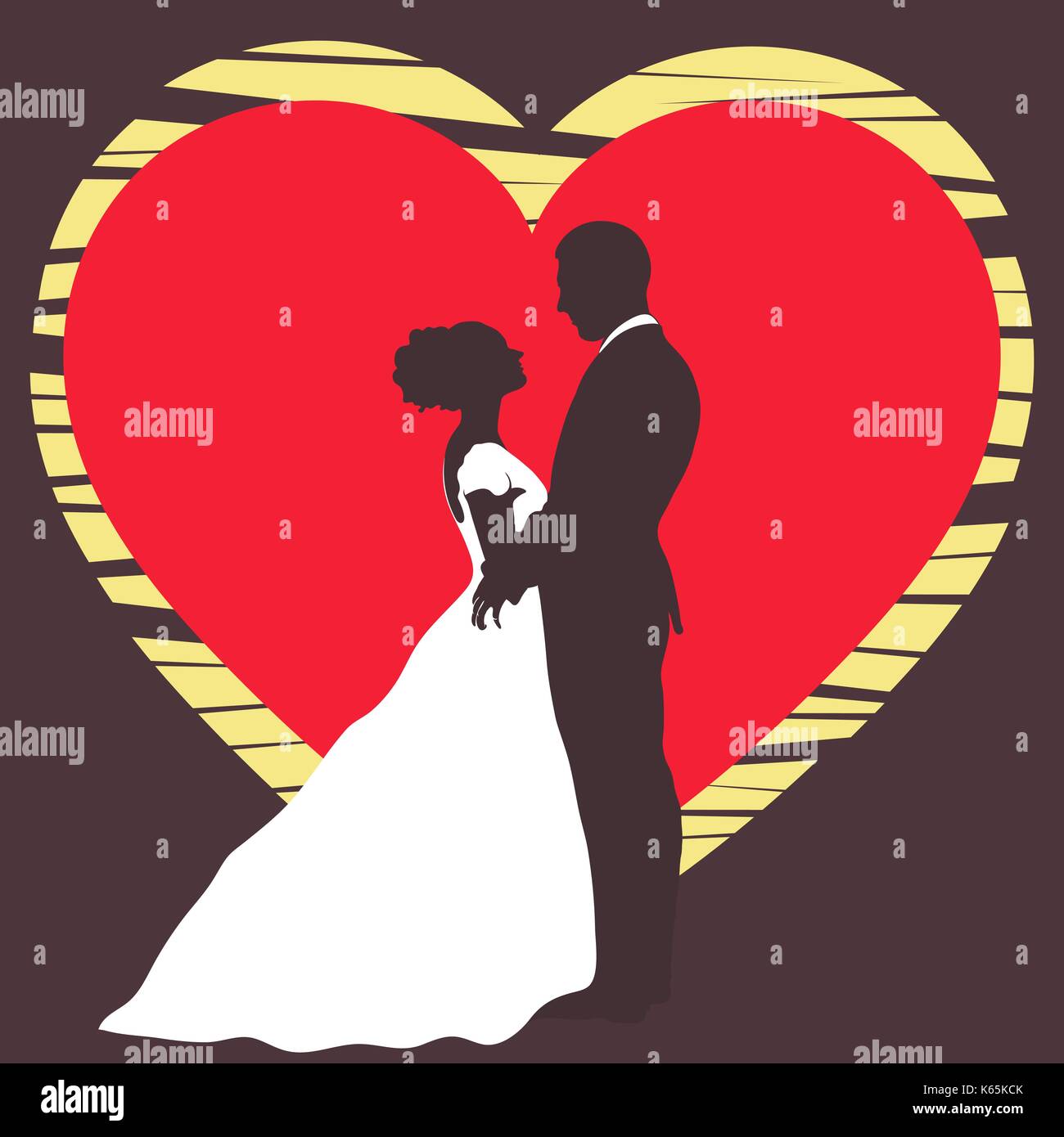 Bride and groom silhouette, wedding invitation, card, vector outline cartoon drawing. Couple in love hugging, dressed in a wedding white dress and a s Stock Vector