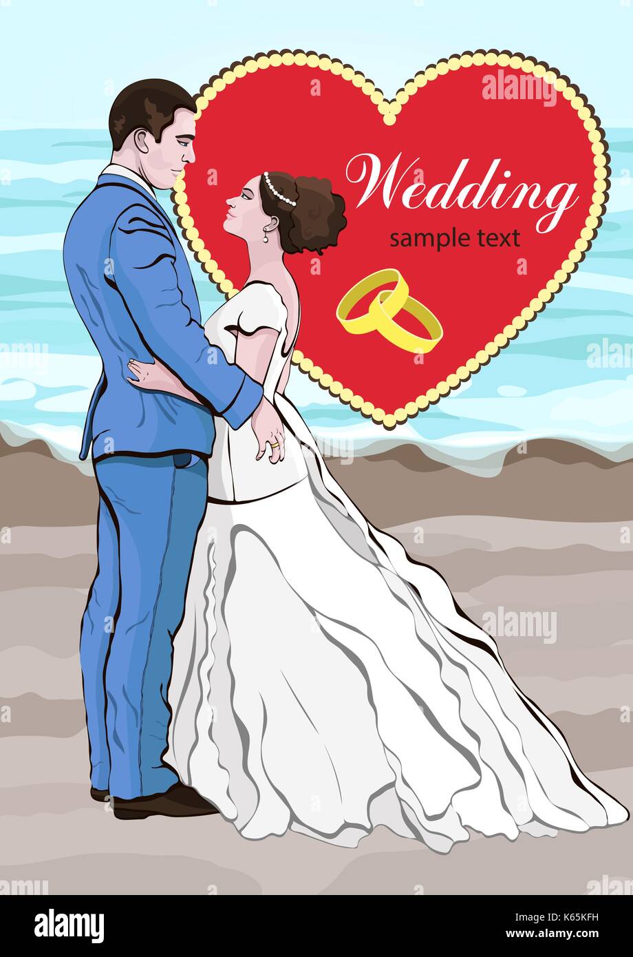 Bride and groom cartoon vector, wedding invitation, card. Couple in love  hugging, dressed in a wedding dress and a suit on the background of the  beach Stock Vector Image & Art -