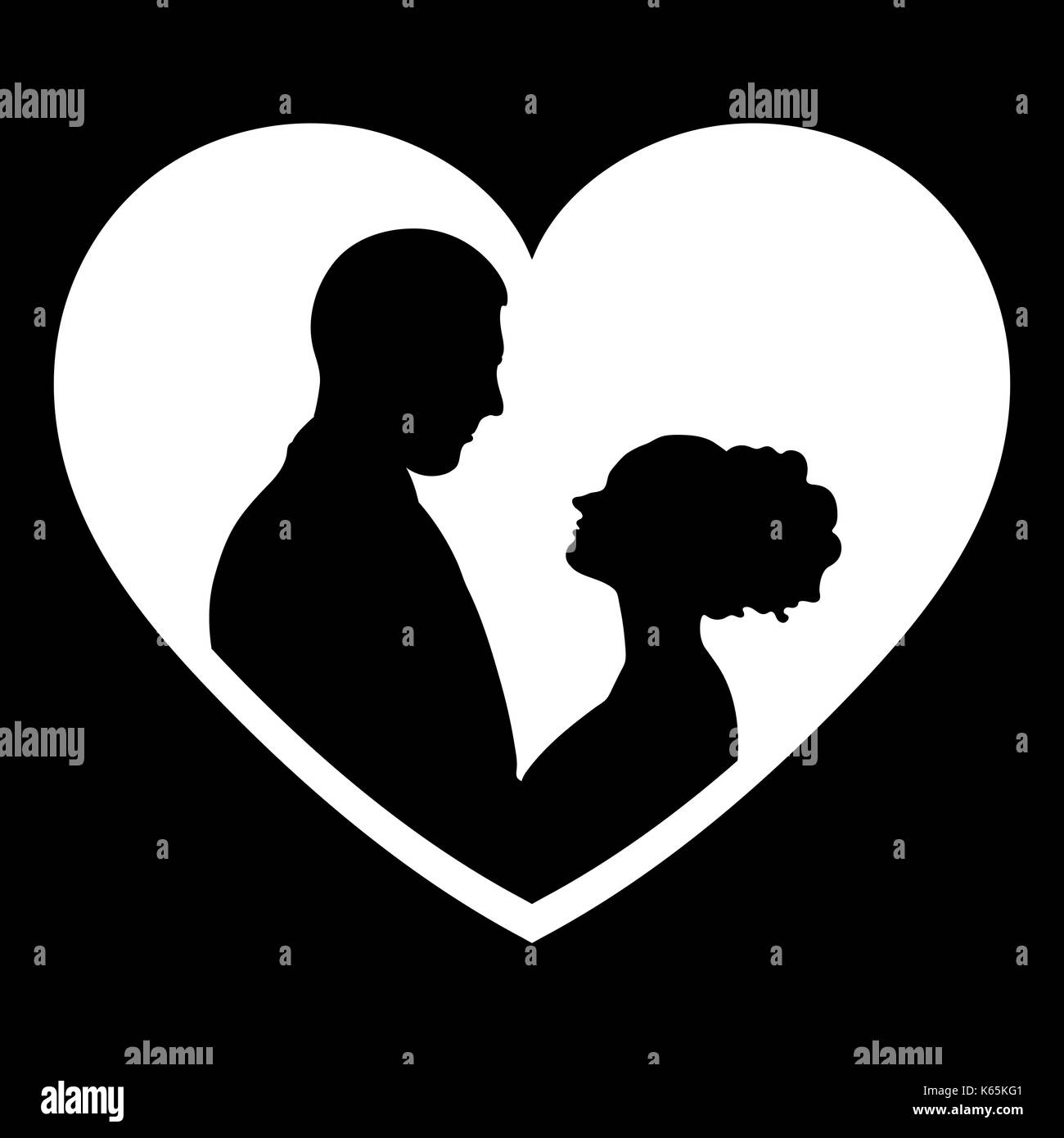 Couple in love silhouette, vector flat icon, logo, bride and groom outline drawing. Contours of loving men and women looking at each other in the whit Stock Vector
