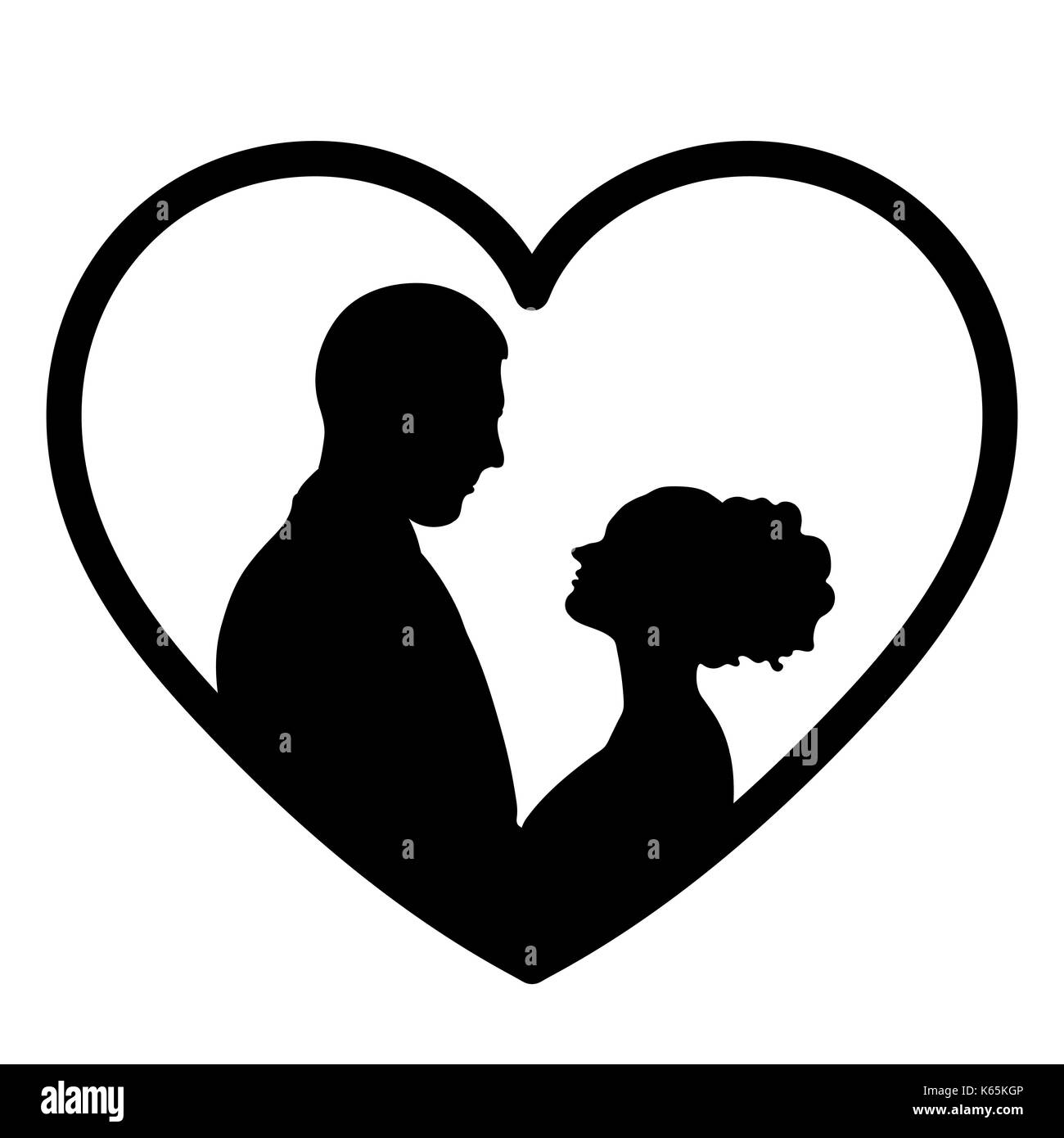 Couple in love silhouette, vector flat icon, logo, bride and groom outline drawing. Contours of loving men and women looking at each other in the hear Stock Vector