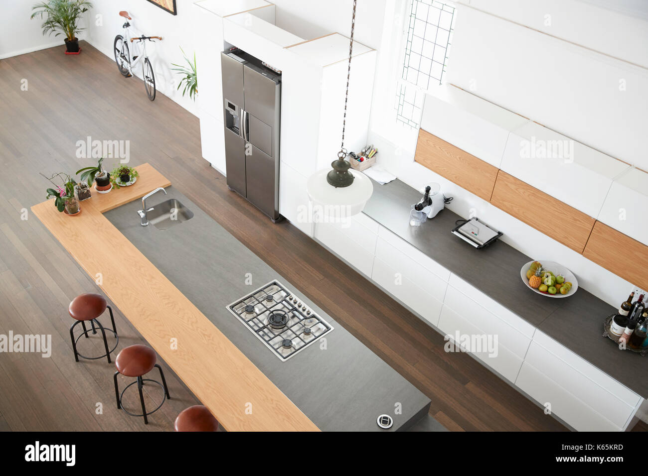 Overhead View Of Modern Kitchen With Island Stock Photo - Alamy