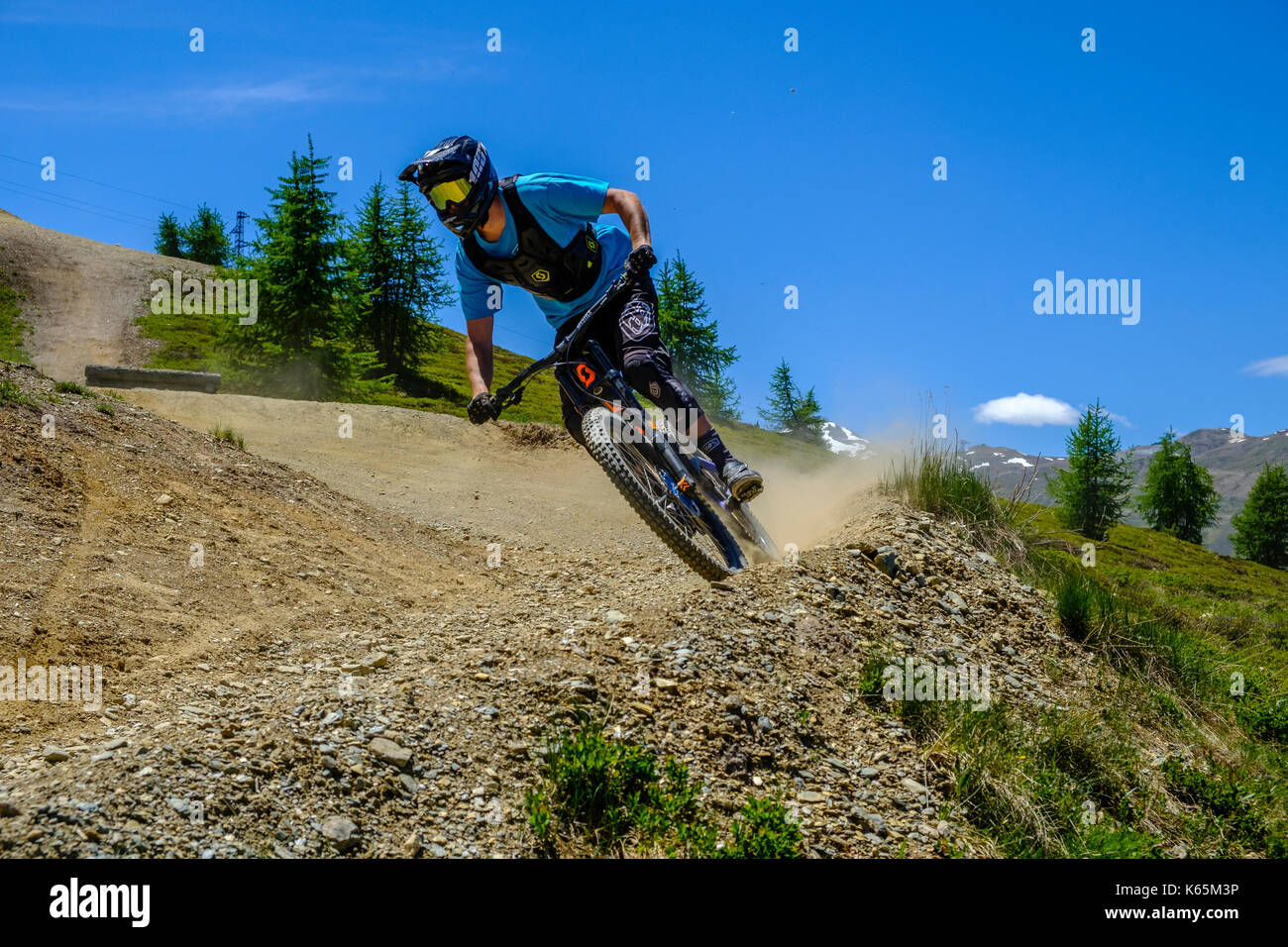 Downhill cyclist in action in the Motolino Bike Park Stock Photo