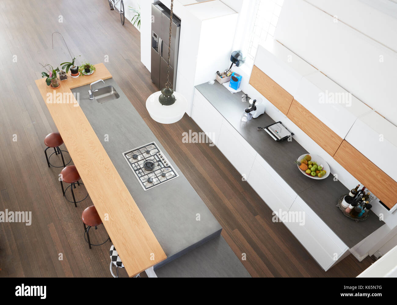 Overhead View Of Modern Kitchen With Island Stock Photo - Alamy