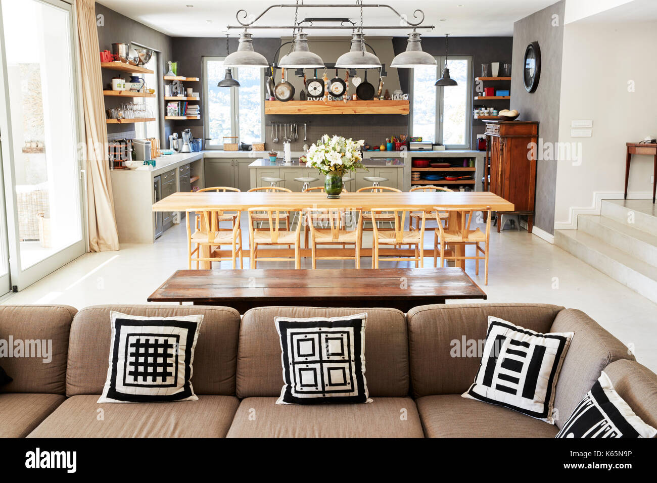 Home Interior With Open Plan Kitchen,Lounge And Dining Area Stock Photo -  Alamy