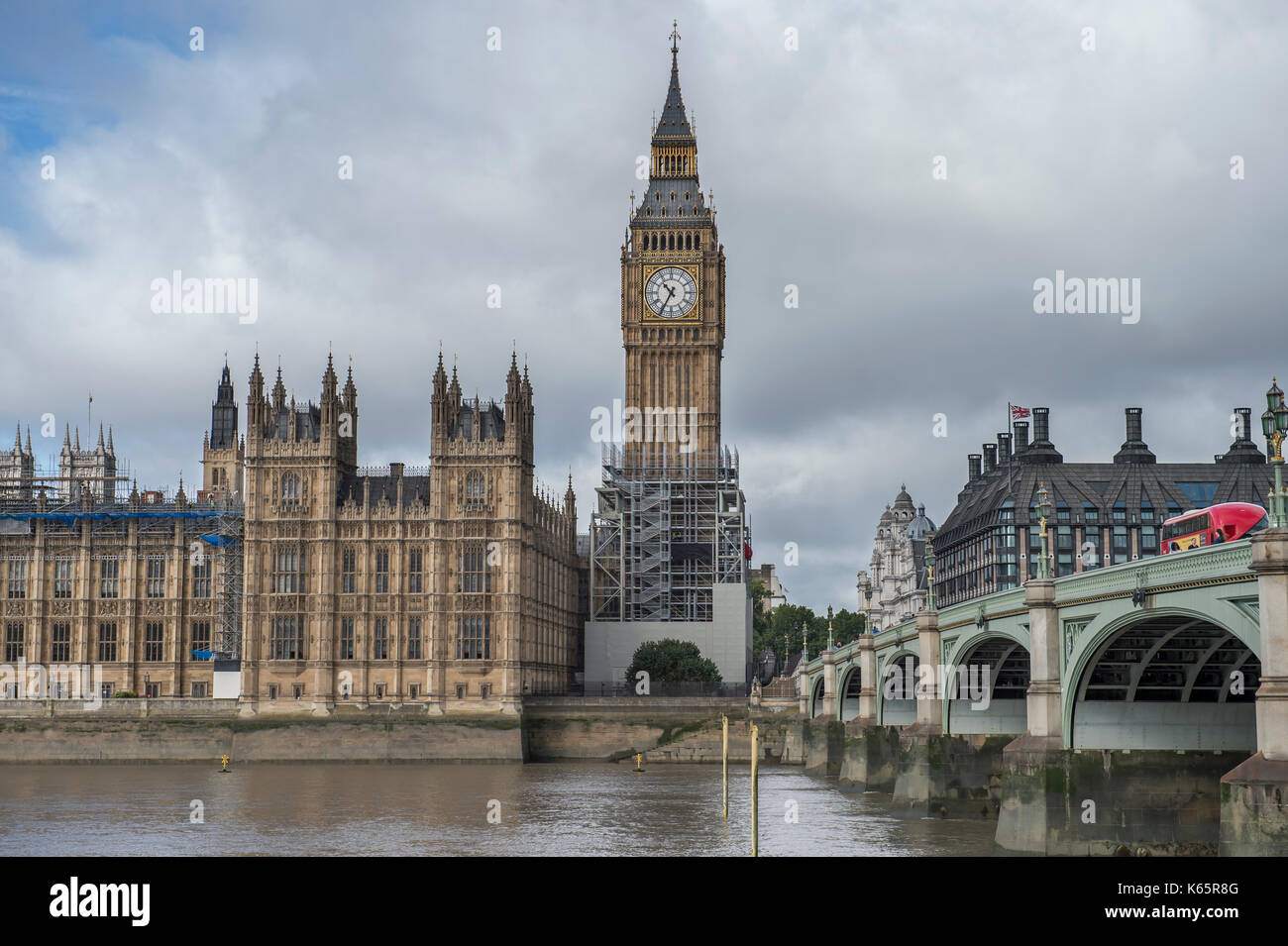 Scaffolding around the Houses of Parliament in London for essential repairs to Big Ben in the Elizabeth Tower, September 2017. Stock Photo
