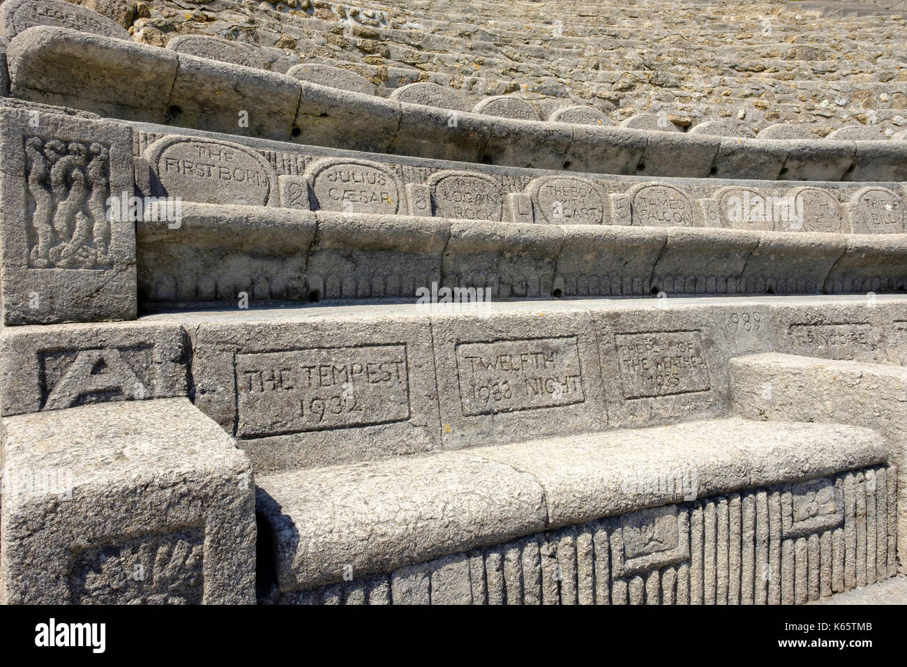 Inscribed seat backrests, Minack Theatre, Porthcurno, Cornwall, Cornwall, England, Great Britain Stock Photo