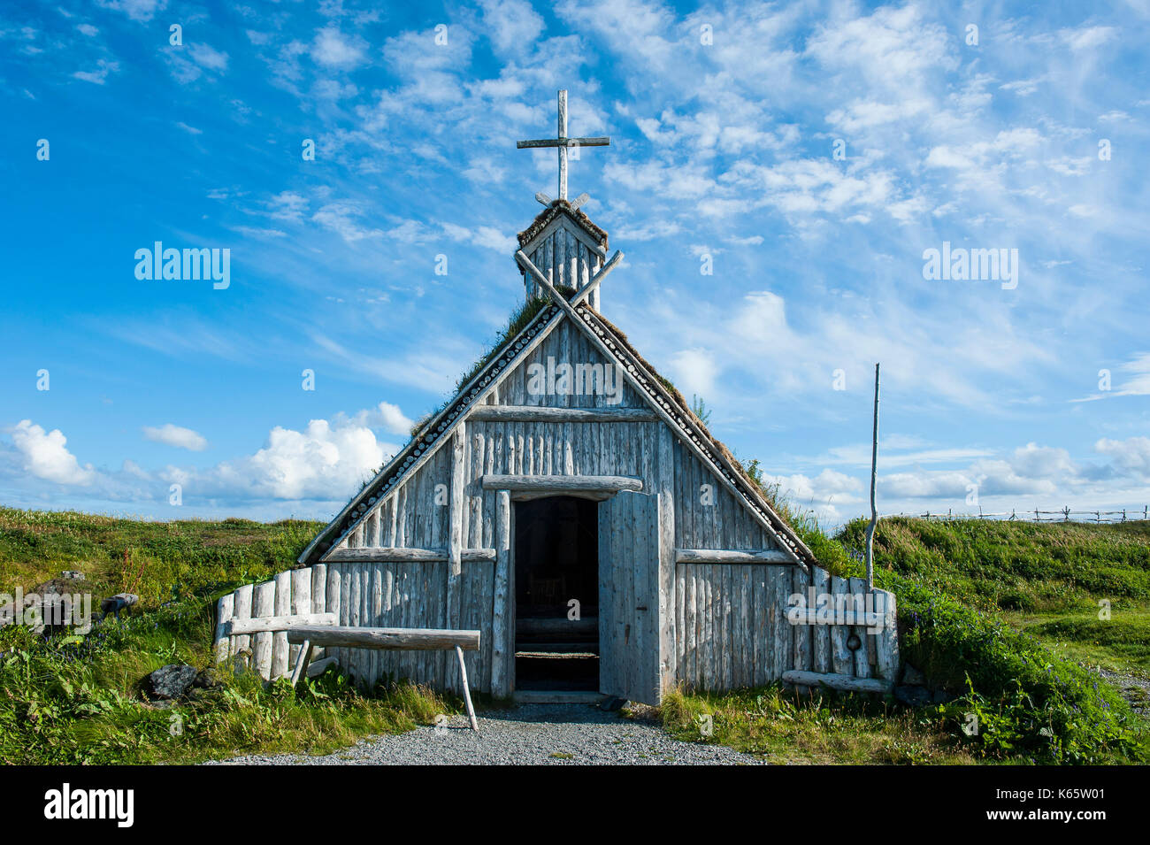 Traditional viking building, Norstead Viking Village, reconstruction of a Viking Age settlement, Newfoundland, Canada Stock Photo