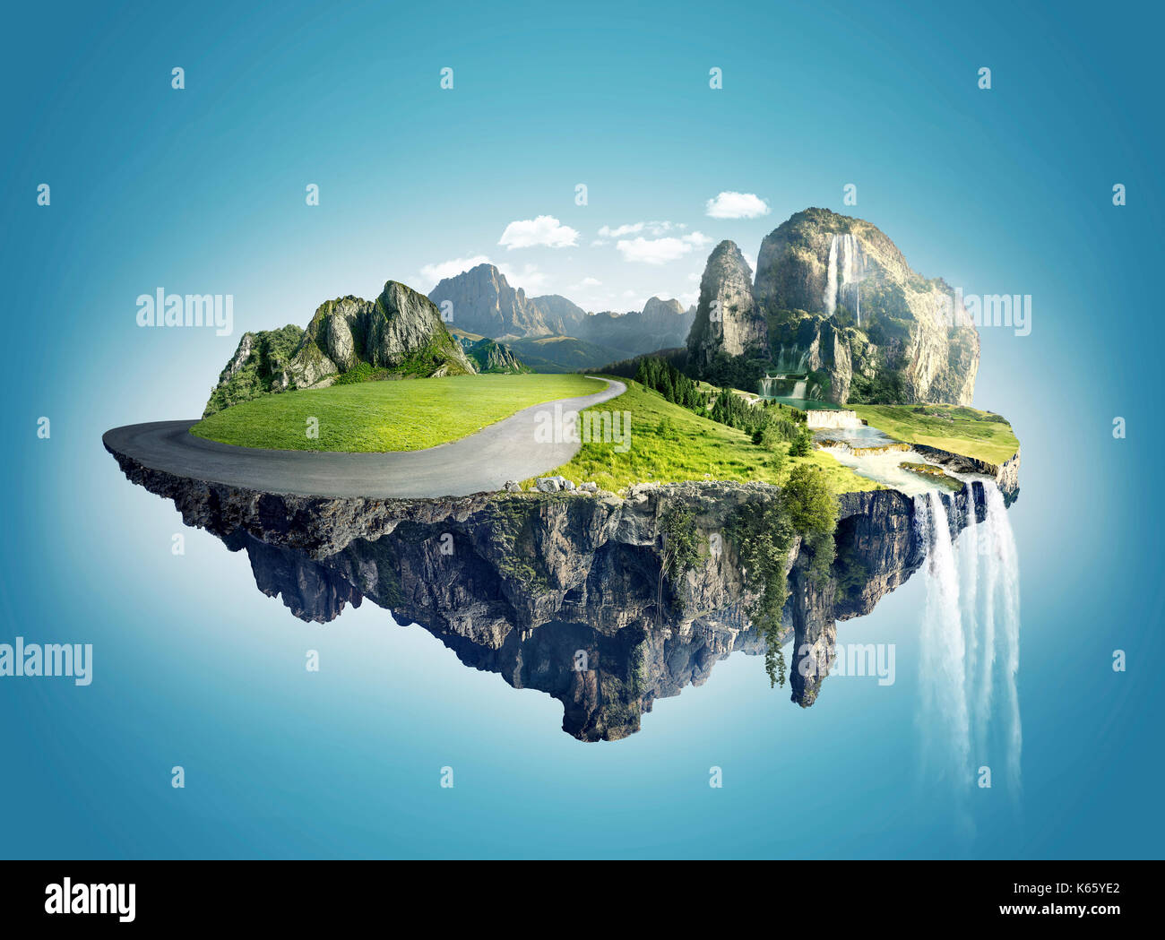 Magic island with floating islands, water fall and field Stock Photo