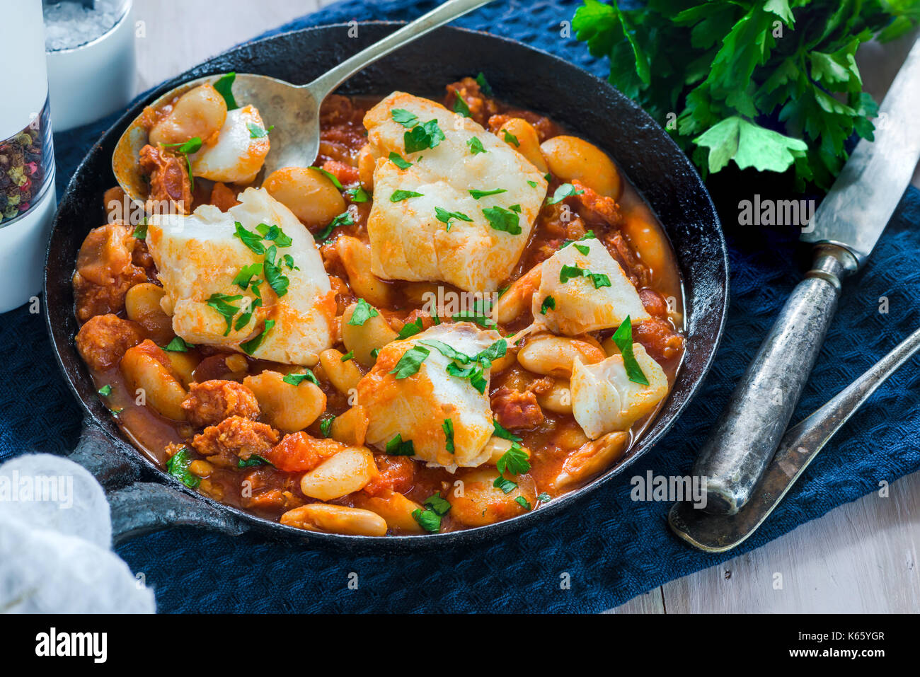 Cod and chorizo stew with broad beans Stock Photo Alamy