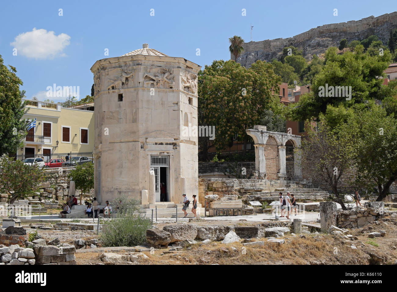 ATHENS, GREECE - AUGUST 4, 2016: People visiting tower of the winds. Ancient agora of Athens, Greece. Stock Photo