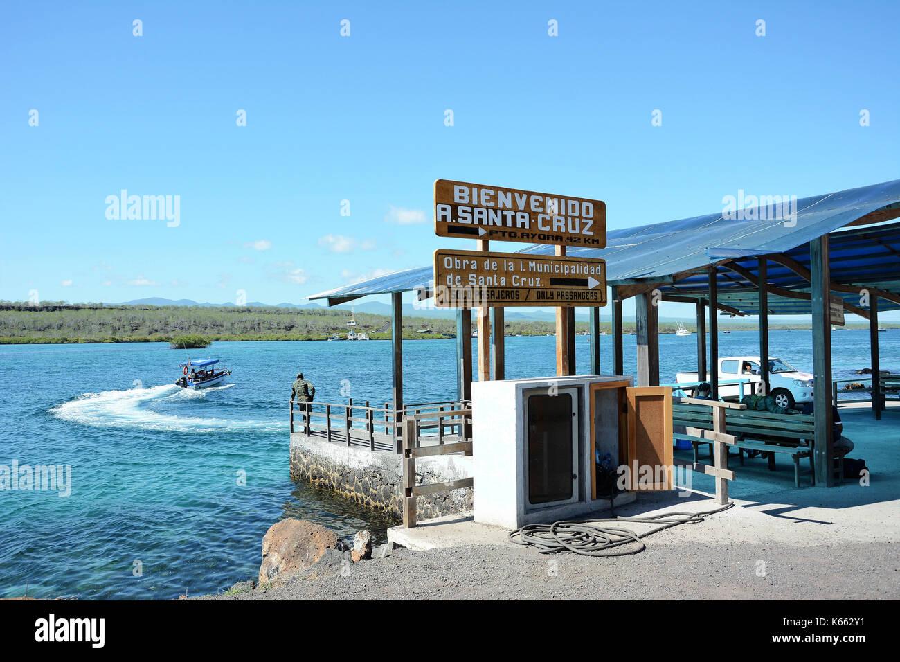 SANTA CRUZ ISLAND, GALAPAGOS - FEBRUARY 20, 2017: Ferry Dock. The Baltra Ferry Dock transports tourists across the Itabaca Channel to the island. Stock Photo