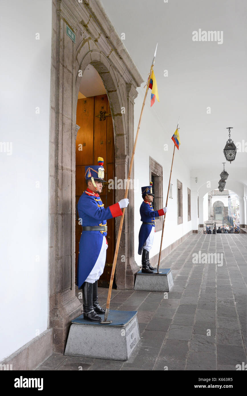 QUITO, ECUADOR - FEBRUARY 22, 2017: Palace Guard at the Presidential Palace in Independence Square. In addition to the administrative units, the Palac Stock Photo