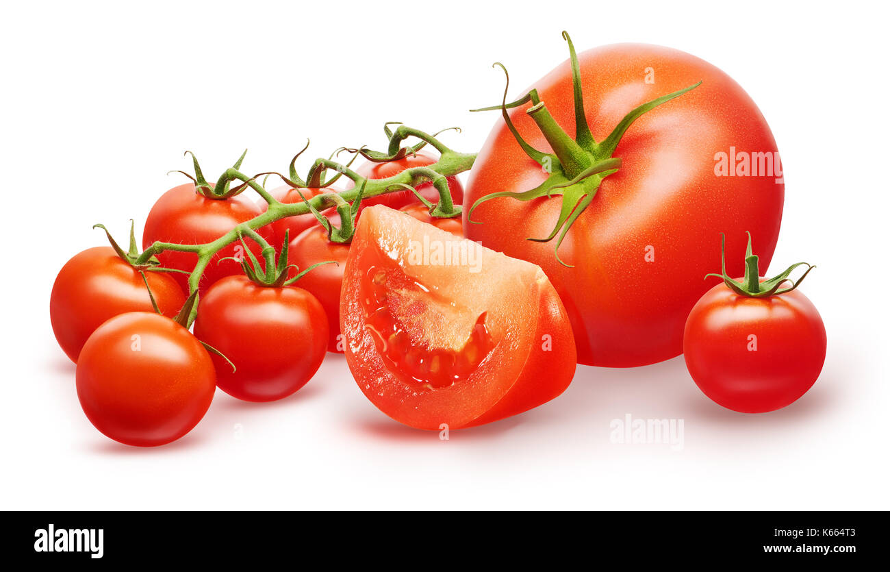 Whole fresh red tomato, half, small cherry and branch of cherry tomatoes with green leaves isolated on white background Stock Photo