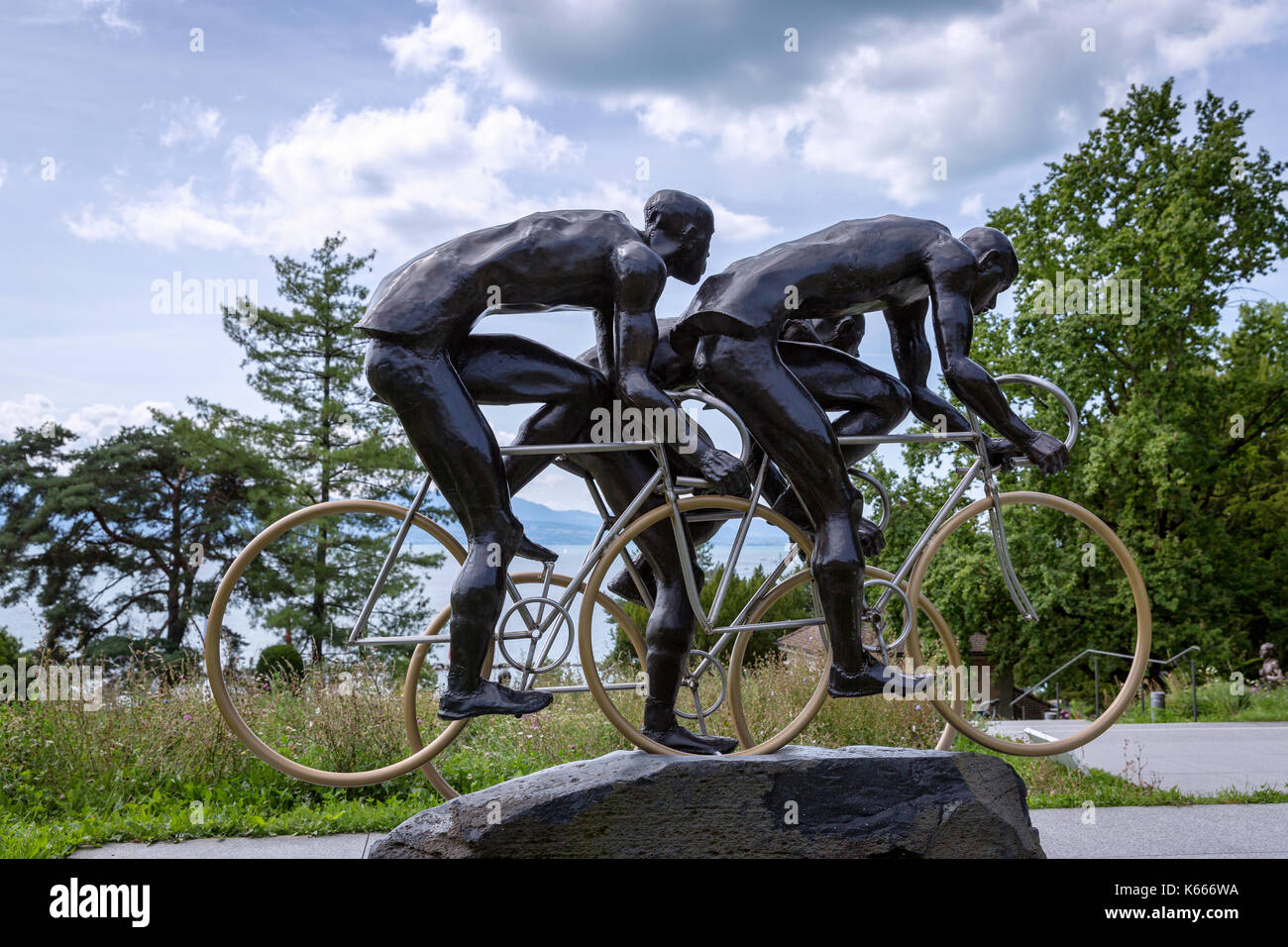 The Cyclists Sculpture at the La Parc Olympic in Lausanne, Switzerland Stock Photo