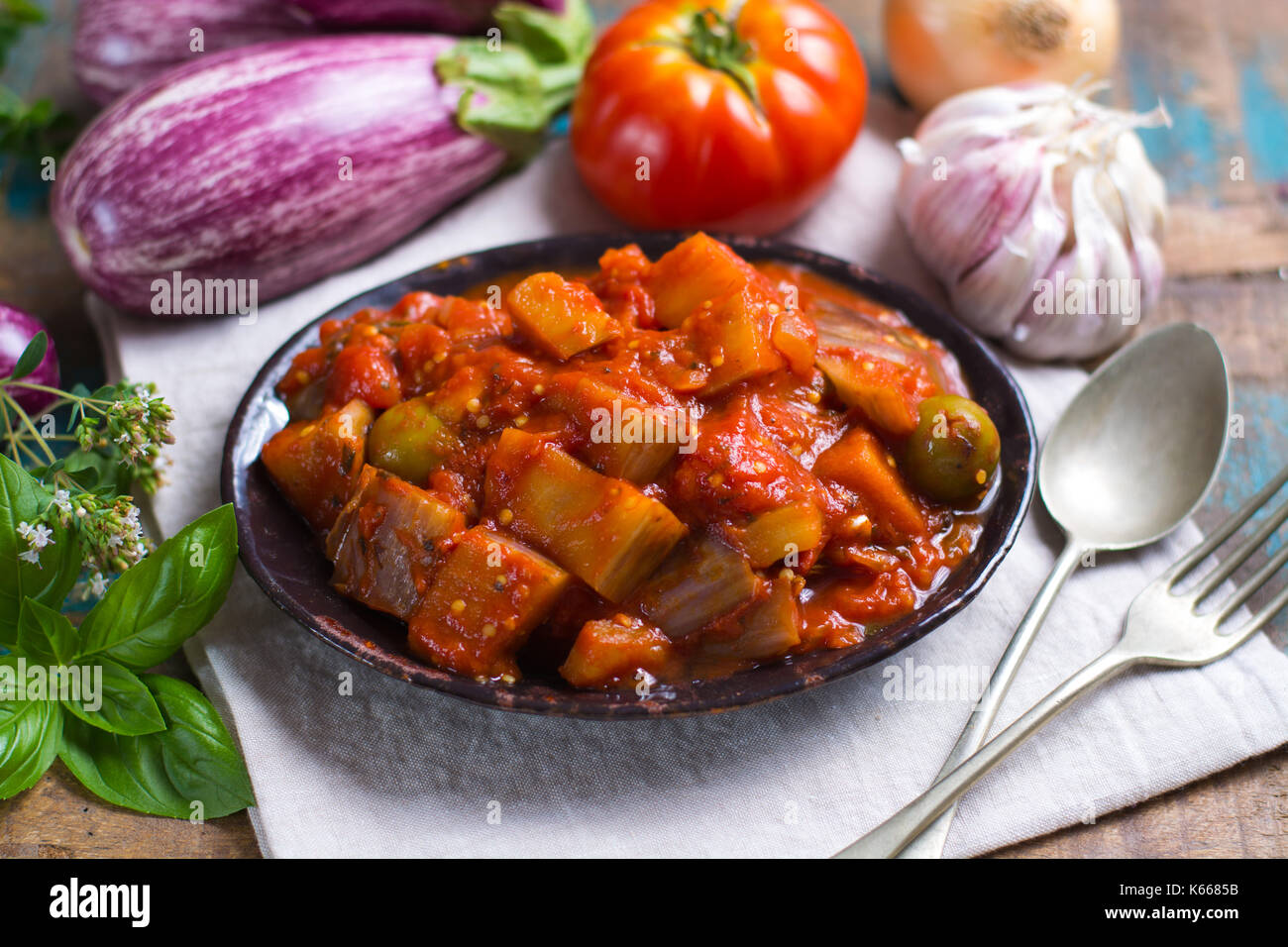 Best italian food sicilian caponata with eggplants, tomatoes, onion