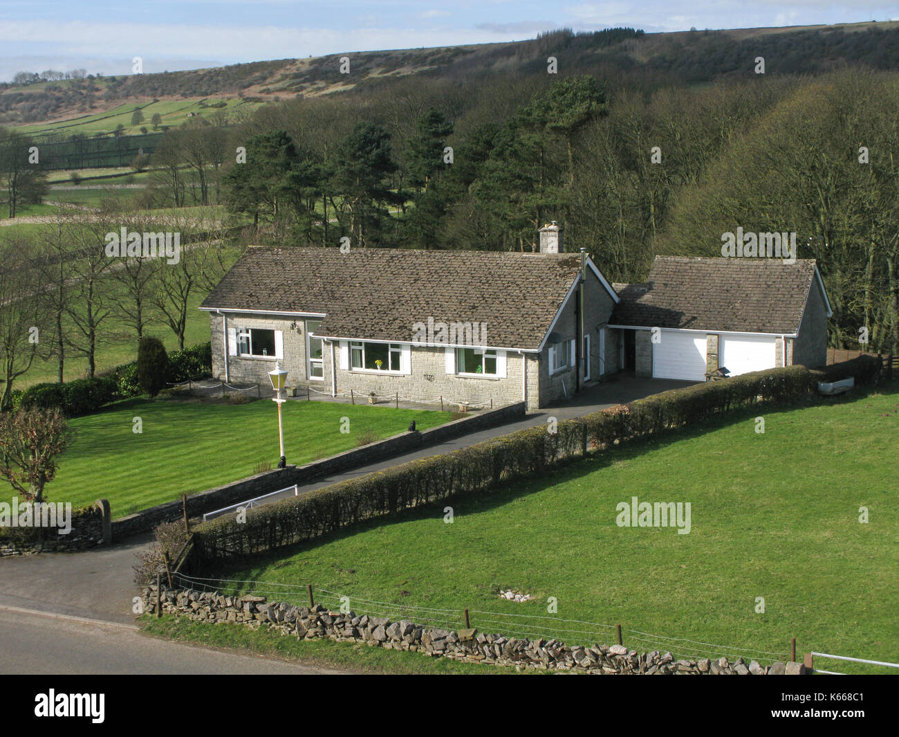 Elevated view of bungalow in Peak District Stock Photo