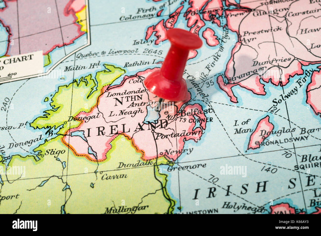 Vintage style map showing Northern Ireland with push pin Stock Photo