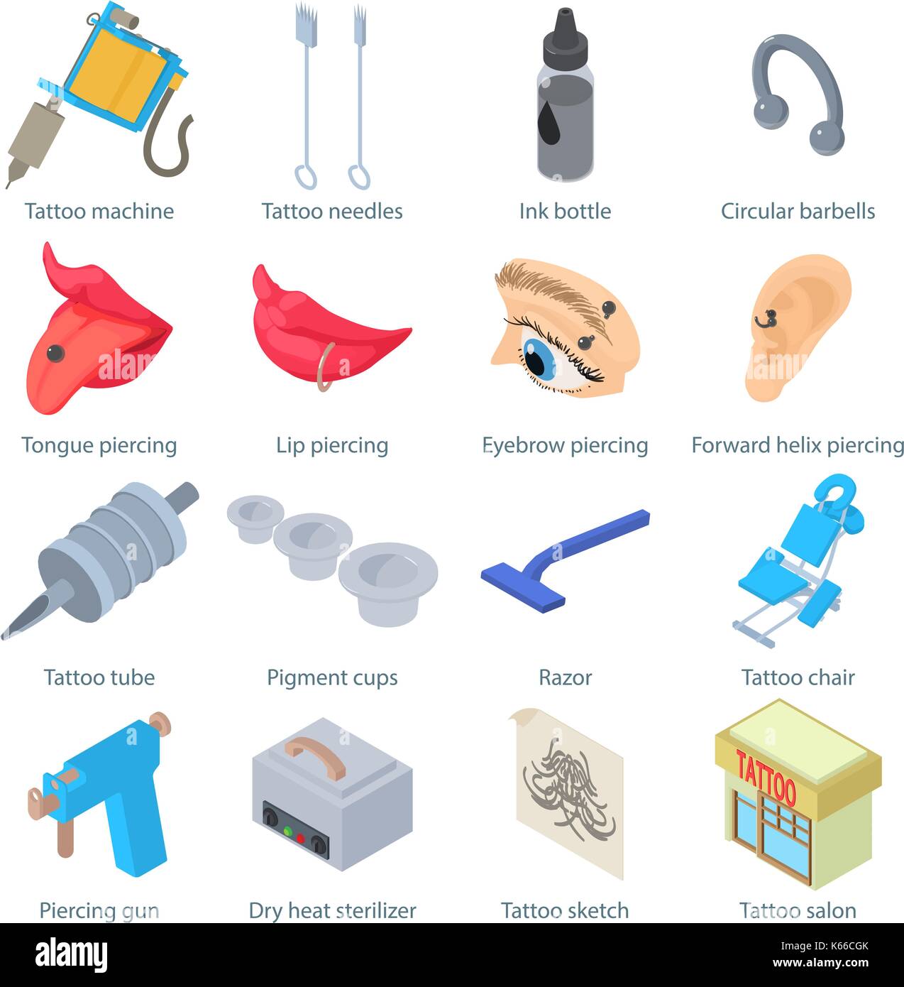 Tattoo parlor icons set, isometric style Stock Vector