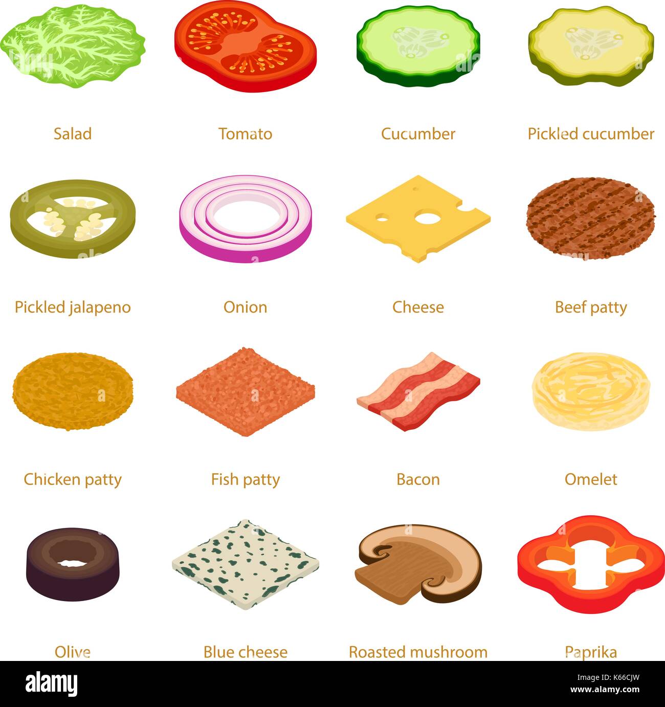 Slice food icons set, isometric style Stock Vector