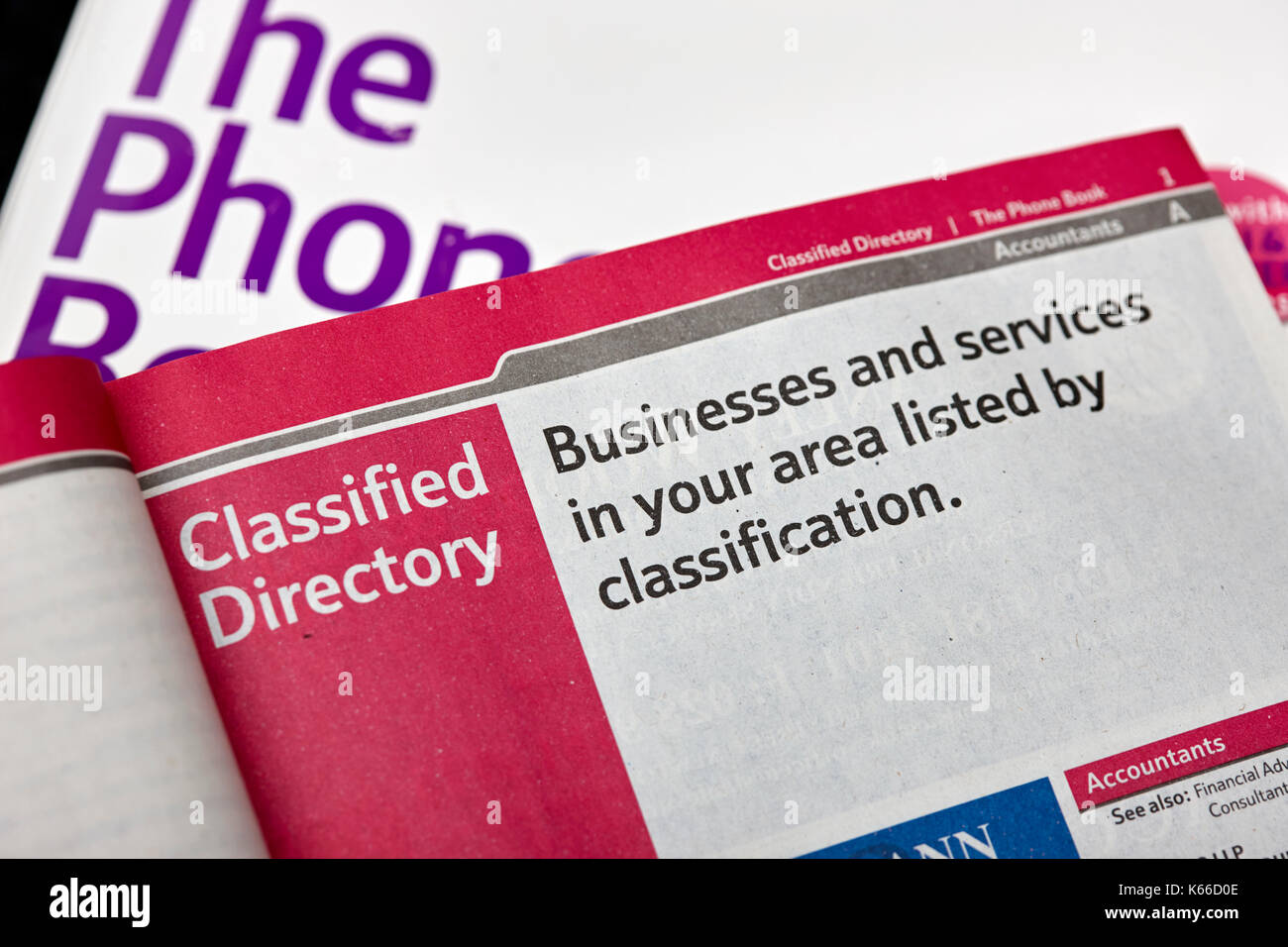 classified local business directory in the BT local telephone directory paper edition Stock Photo