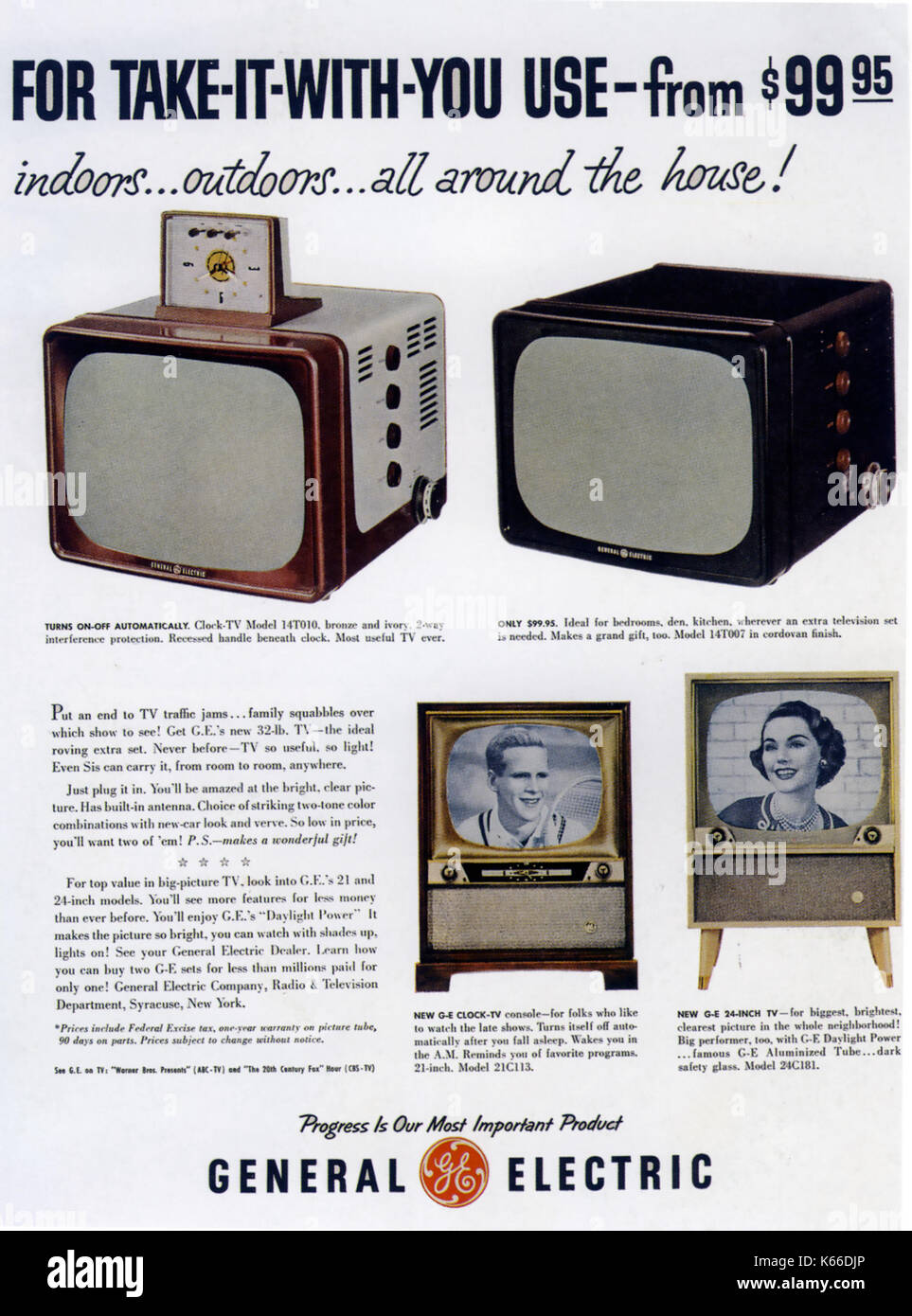 GENERAL ELECTRIC portable TV advert 1957 Stock Photo